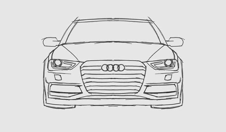 the front end of a car drawn in black and white