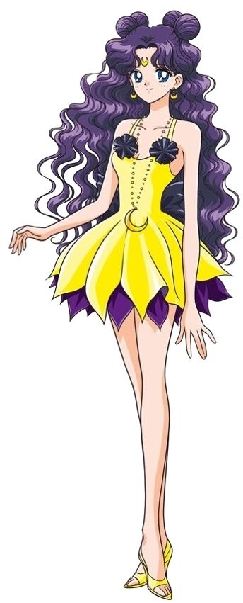 a drawing of a woman with purple hair and yellow dress, standing in front of a black background