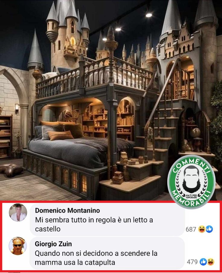 an image of a bed in a castle with stairs and bookshelves on it