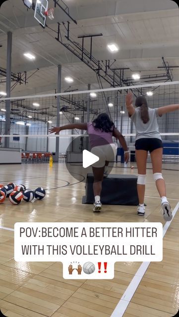 two women are playing volleyball in an indoor court with the words pov - become a better hitter with this volleyball drill