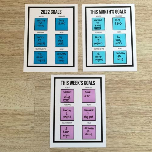 three blue and pink stickers with the words, this week's goals on them