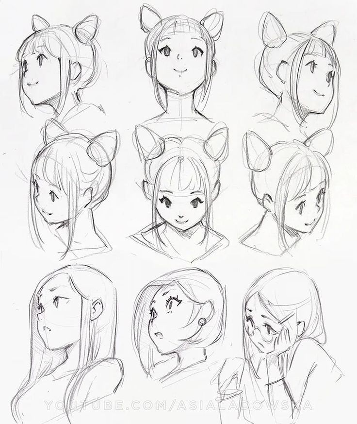 some sketches of different faces and hair styles for anime character design, including cat ears