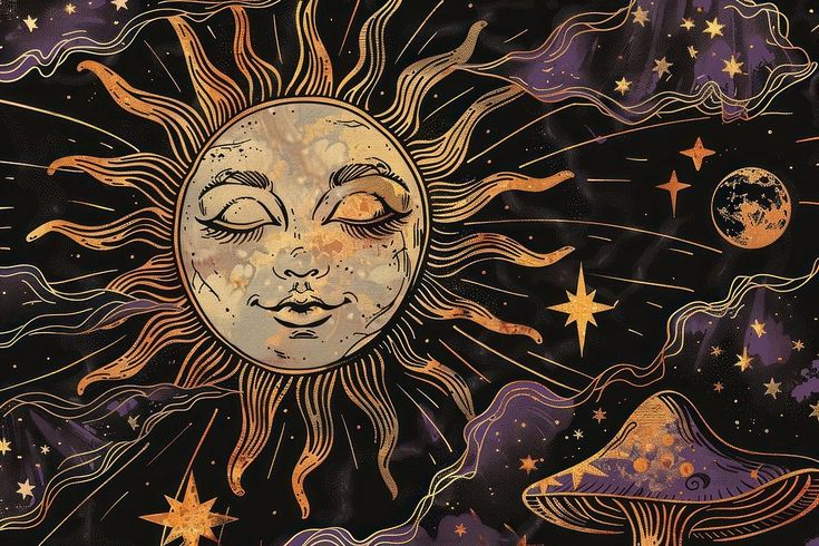 the sun with its eyes closed is surrounded by stars and mushrooms