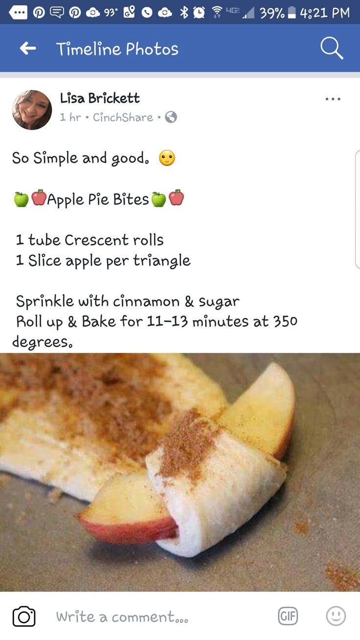 an apple slice with cinnamon and sugar on it next to a facebook post about baking