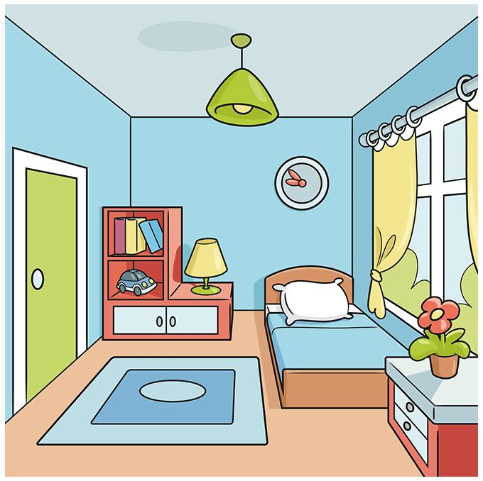 a cartoon bedroom with blue walls and yellow curtains