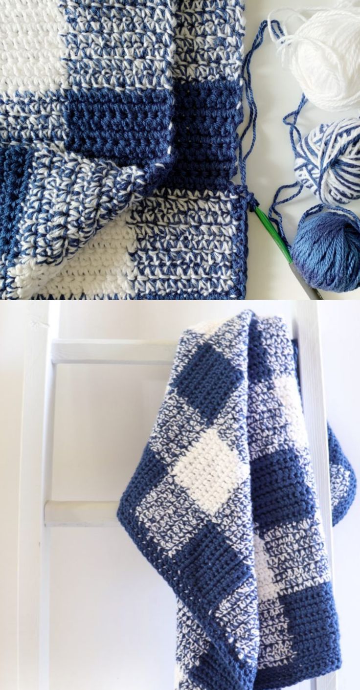 crocheted blue and white checkered blanket next to yarn on ladder with ball of yarn