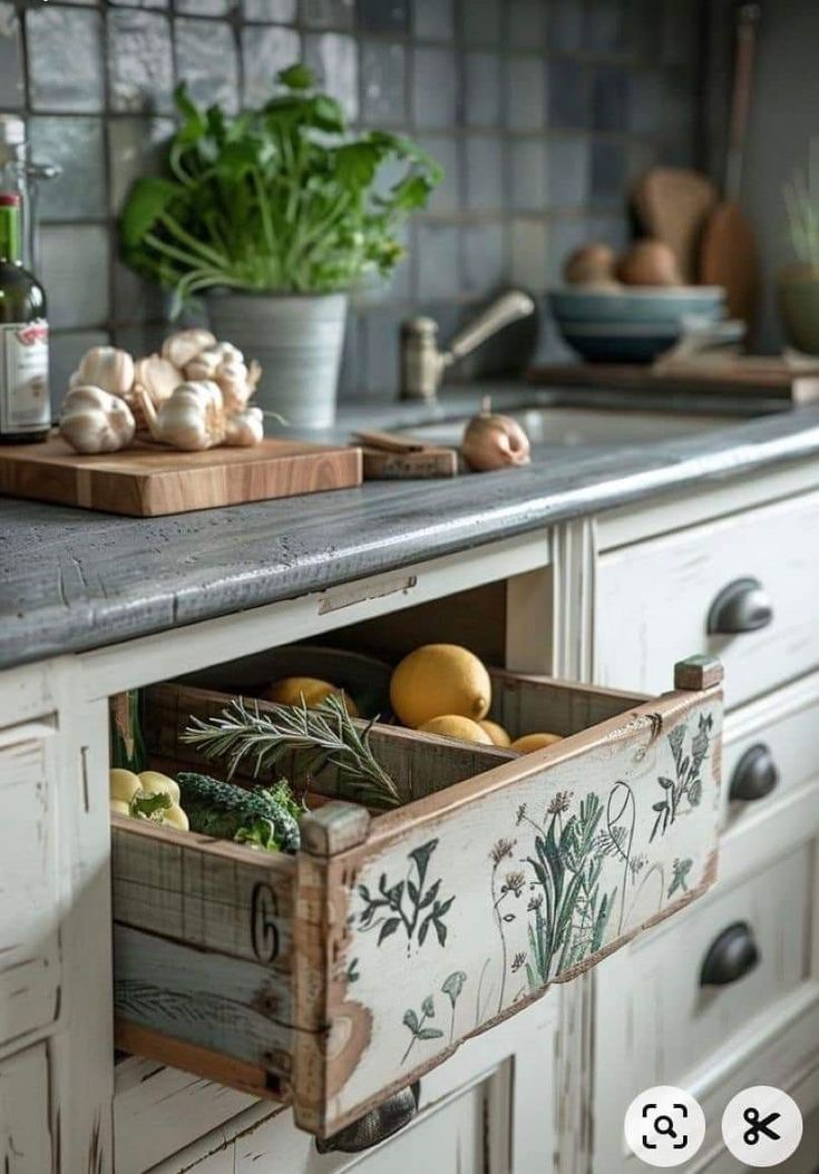 an open drawer in the middle of a kitchen counter with vegetables and other items on it