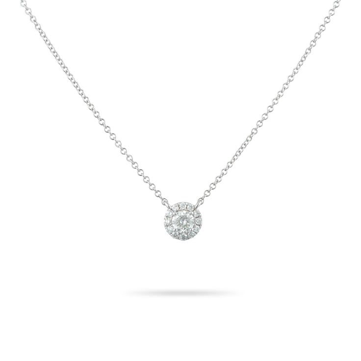 The halo diamond necklace is bright, dainty and minimalistic. The middle diamond is surrounded by 0.1 ct petit flashy white diamonds that draw the attention to the middle stone. A halo design enlarges your central stone and creates a sense of equilibrium.  This stunning 14k white gold diamond pendant feature a 0.25ct round diamond surrounded by petit diamonds in a halo style. This is the perfect piece to give yourself or your loved one.   SPECS: * Natural diamonds   * 14K solid white/yellow/rose gold * 0.25ct round diamond surrounded by 0.1ct small round diamonds  * G-H color/SI clarity * 9 mm rolo chain (17 inches) * perfect for everyday wear or a special occasion * MADE TO ORDER (between 4-8 weeks time) * Can be customised * Made with responsibly sourced metals and ethically sourced ston Luxury White Gold Solitaire Necklace With Halo Setting, Luxury Diamond White Necklace With Halo, Classic Diamond Necklace With Halo Detail, Classic Diamond Halo Necklace, White Round Halo Diamond Necklace, White Halo Diamond Necklace, Classic White Gold Solitaire Necklace With Halo, White Gold Diamond Solitaire Necklace With Halo Design, White Diamond Necklace With Halo Round Pendant