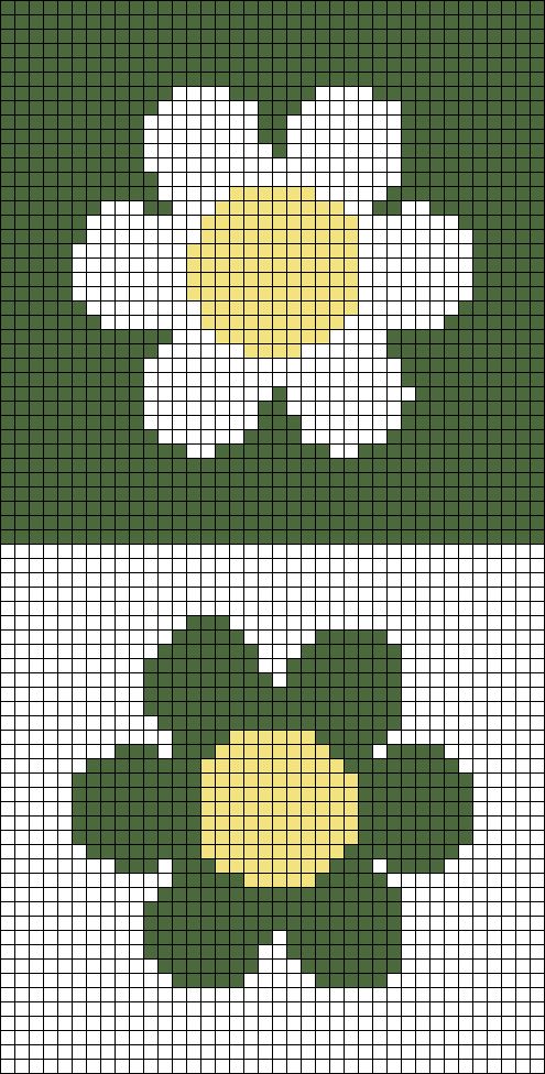 the cross stitch pattern is designed to look like two white flowers with green leaves on each side