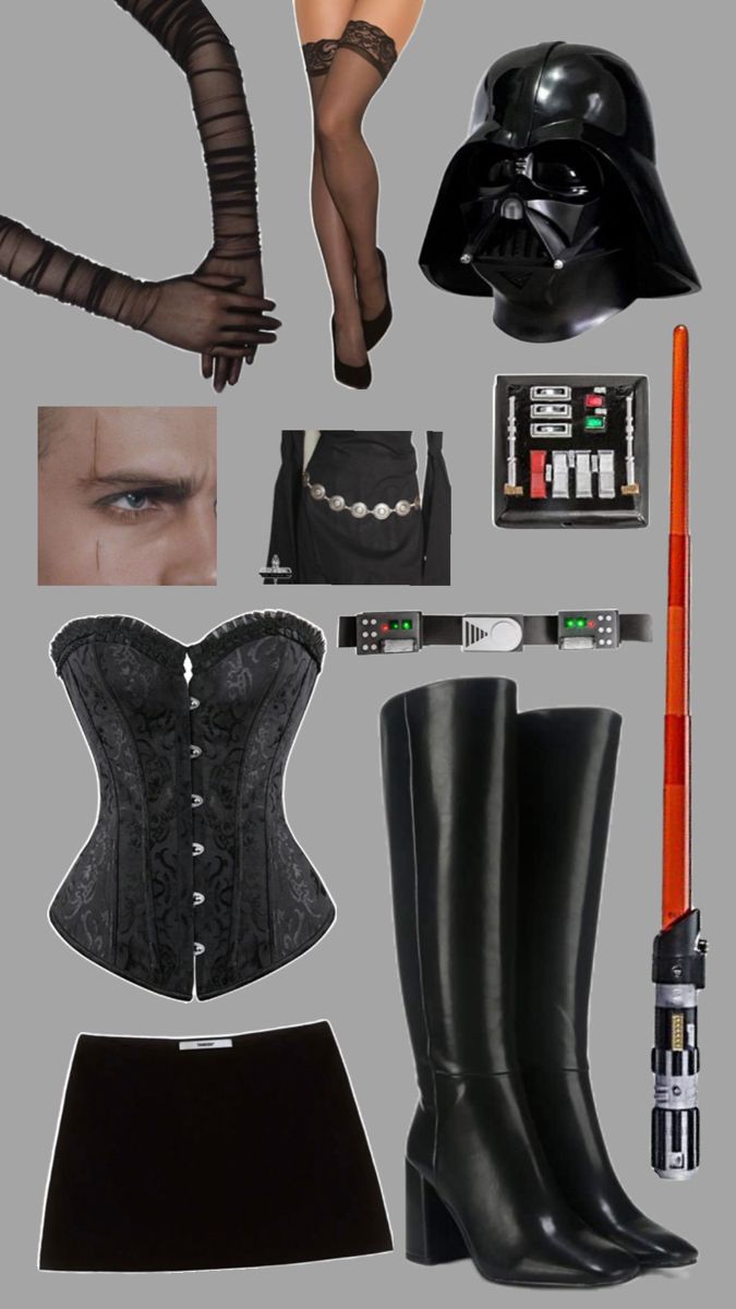 star wars costumes and accessories are arranged on a gray background, including boots, gloves, belt, socks, pencils