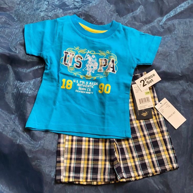 Nwt Cute Boys Polo 3-6 Months 2 Piece T-Shirt With Matching Plaid Shorts. Yellow Cotton Playtime Sets, Yellow Short Sleeve Playwear Set, Yellow Short Sleeve Sets For Playwear, Blue Cotton Playtime Sets, Polo Sweatsuit, Quilted Sweater, Polo Outfit, Boys Romper, One Piece Outfit