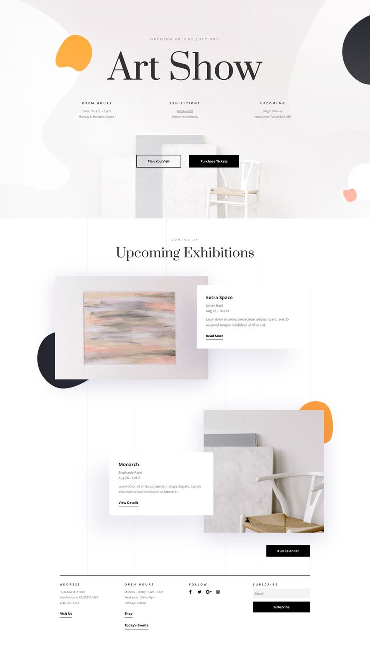 the website design for art show is shown in black and white, with orange accents