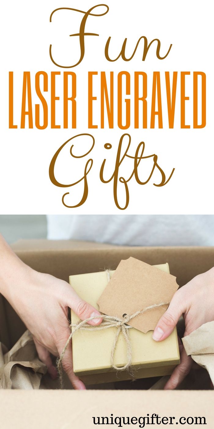 two hands holding a gift box with the words fun laser engraving gifts written on it