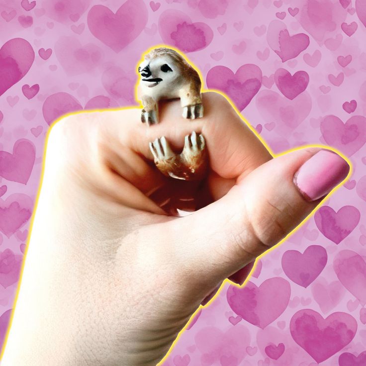 a person's hand holding a small toy animal in front of hearts on a pink background