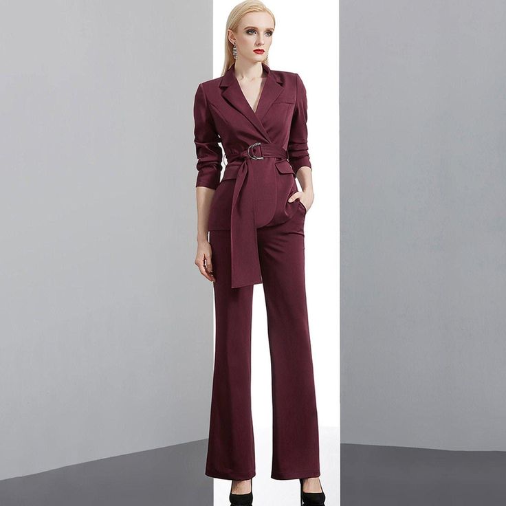 Claret Buckle Belted Blazer & Flare Pants Suit Set Vivian Seven Elegant Burgundy Workwear Suit, Elegant Burgundy Suits For Workwear, Elegant Burgundy Suit For Work, Burgundy Blazer With Suit Collar For Work, Tailored Fall Pantsuit With Belt Loops, Burgundy Notch Lapel Suit For Work, Elegant Burgundy Suit For Business Casual, Elegant Burgundy Business Casual Suit, Office Lady Pantsuit For Fall