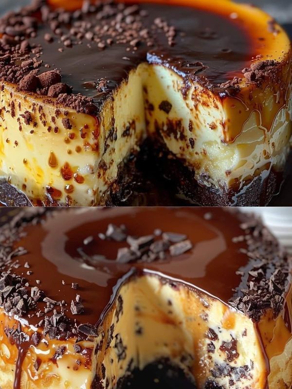 two pictures of a cheesecake with chocolate and caramel toppings on the top