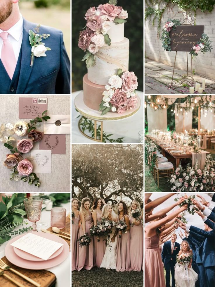 a collage of photos with pink and white flowers, greenery, wedding cake, bride and groom