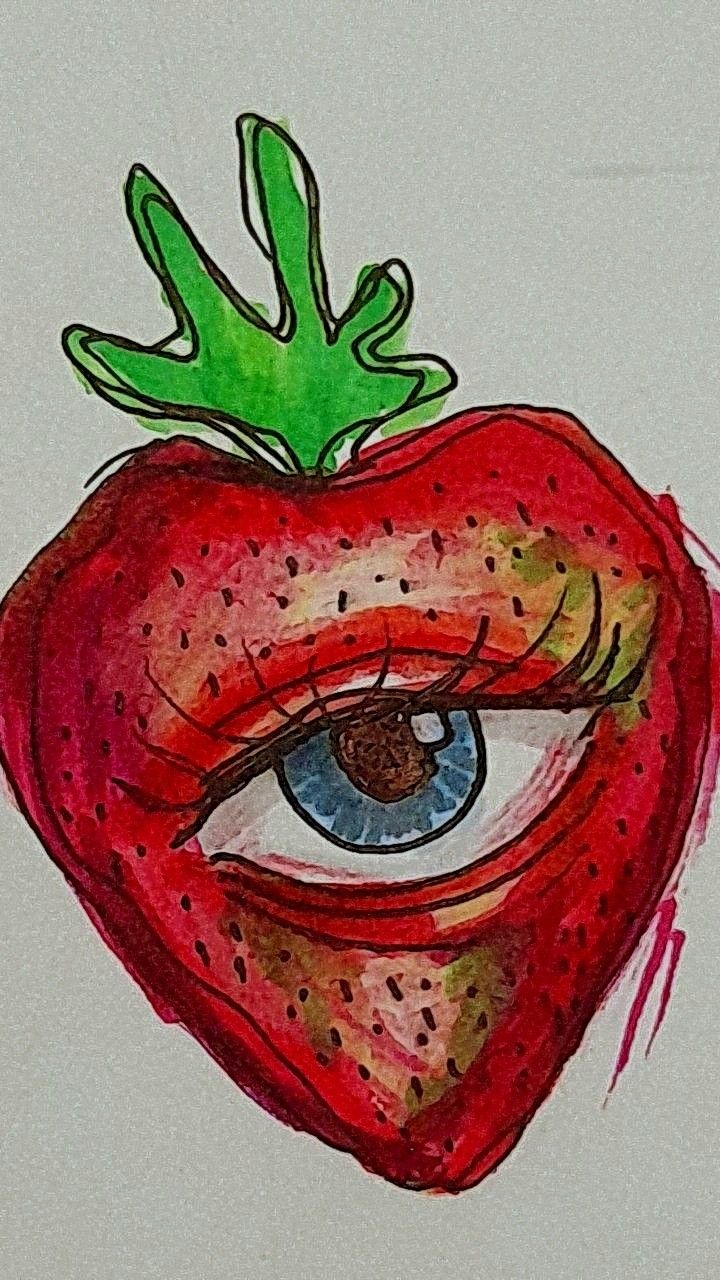 a drawing of a strawberry with an eye