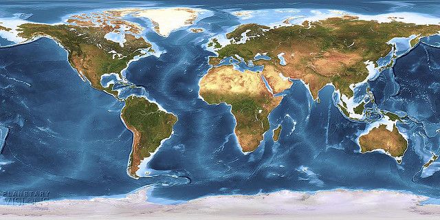 a map of the world with blue and gray water on it's sides, showing land cover