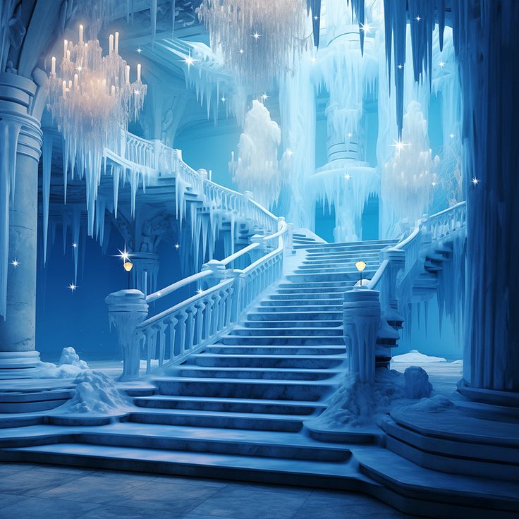 an ice palace with stairs and chandeliers