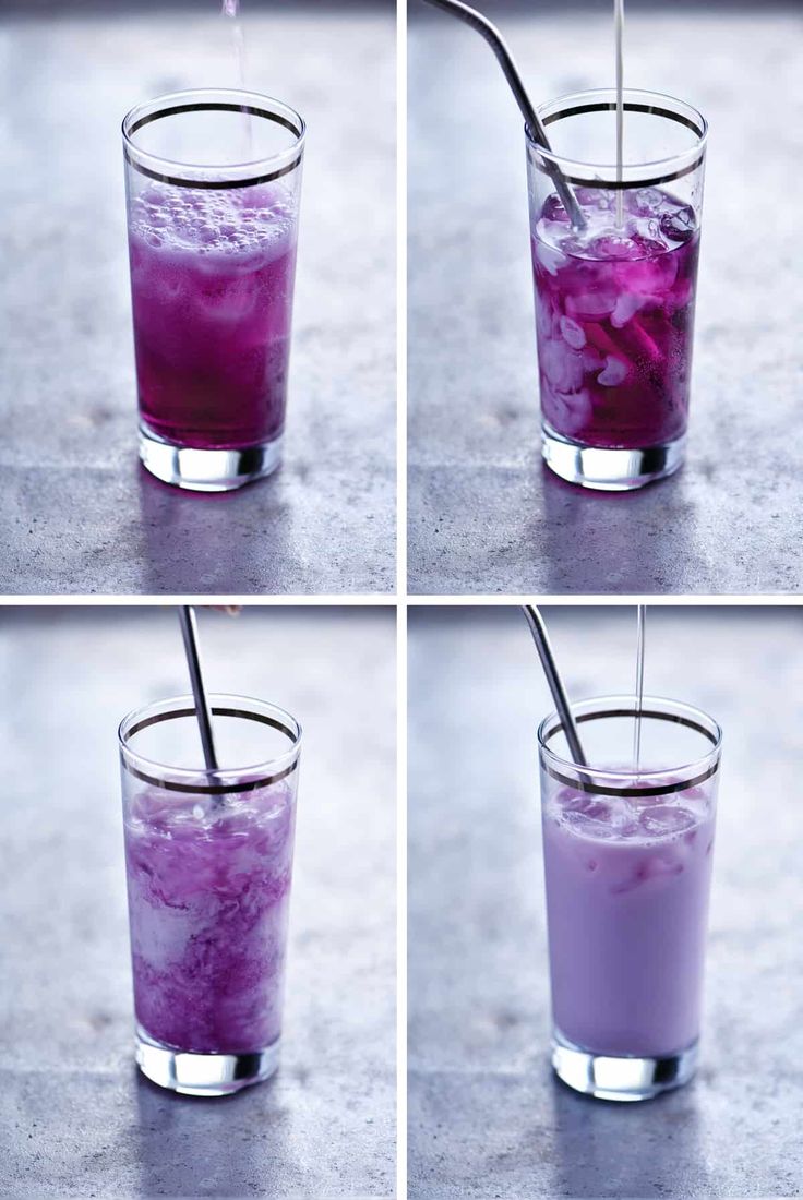 the process of making an alcoholic drink is shown in four different stages, including purple liquid being poured into a glass with a straw