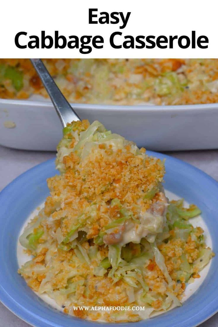 a blue plate topped with cabbage casserole next to a white dish filled with vegetables