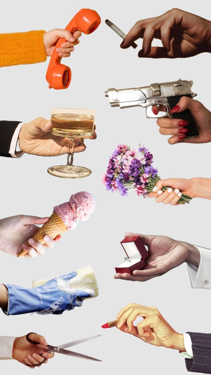 several hands holding different objects in each other's hands, including scissors and flowers