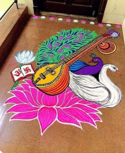 an artistic painting on the ground in front of a door with flowers and peacocks