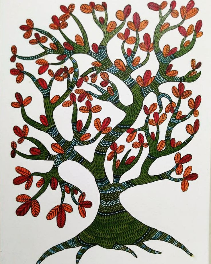 a drawing of a tree with red leaves