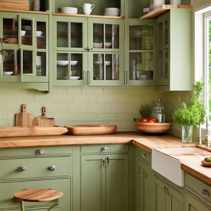 a kitchen with green cabinets and wooden counter tops