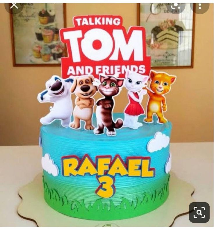 there is a cake that has animals on it and the words talking tom and friends