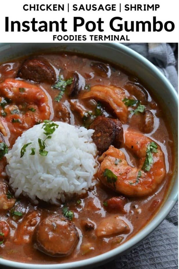 the instant pot gumbo is ready to be eaten with rice and shrimp in it