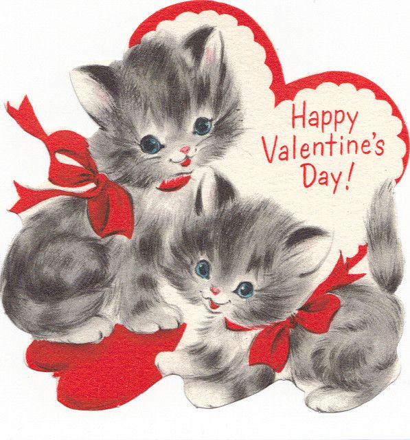 three kittens are sitting together on valentine's day