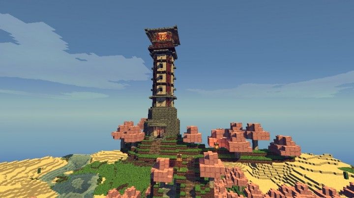 a very tall tower sitting on top of a small island in the middle of nowhere