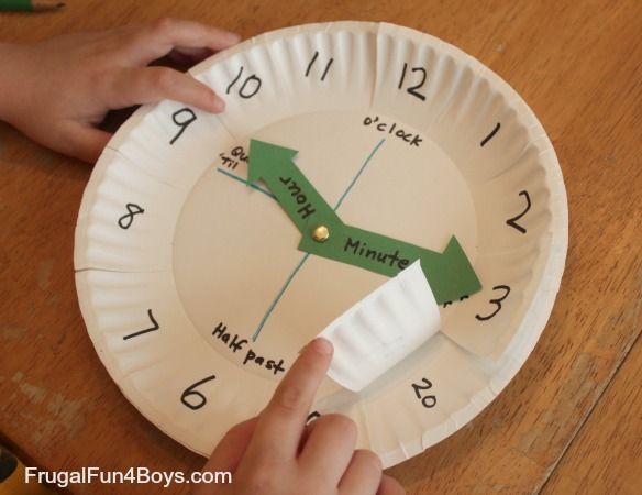 a paper plate that has a clock on it and hands pointing at the time with green tape