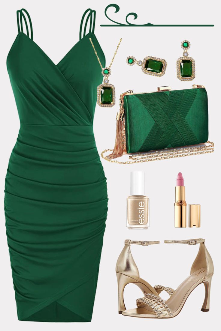 Wedding guest dress, summer wedding, gold sandals Green Dress With Gold Accessories, Classic Wedding Guest Dress, Emerald Green Outfit Ideas, Emerald Green Sequin Dress, Green Wedding Guest Dresses, Womens Sequin Dresses, Green Dress Outfit, Dress And Accessories, Dinner Party Outfits