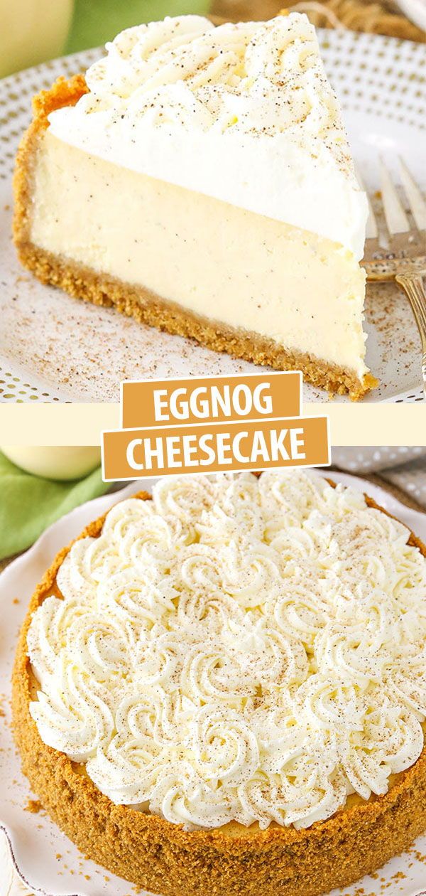 eggnog cheesecake with whipped cream on top and an eggnog crust on the bottom