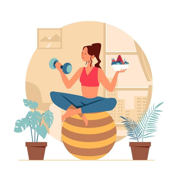 a woman sitting on top of a ball while holding a dumbbell