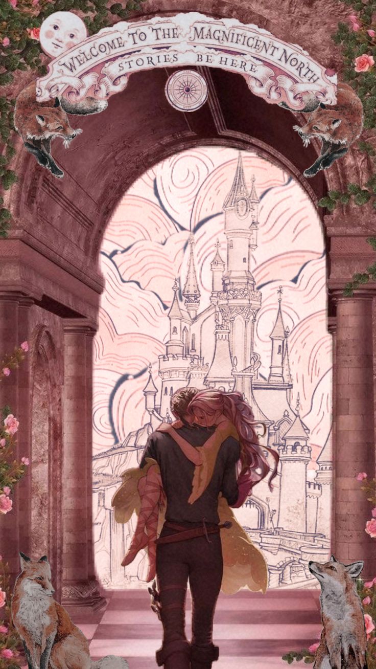 an illustration of a man and woman in front of a castle with flowers on it