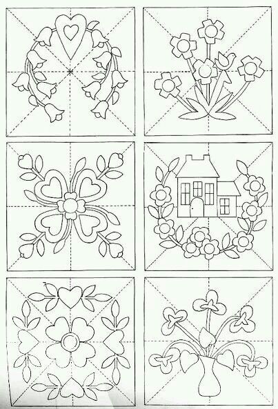 four square quilt blocks with flowers and hearts on the front, one has a house in the background