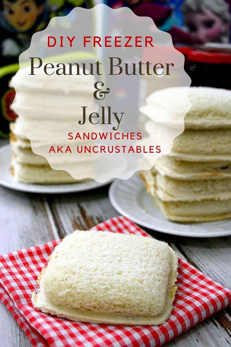 a stack of pancakes on top of a red and white checkered napkin with the words diy freezer peanut butter and jelly sandwiches