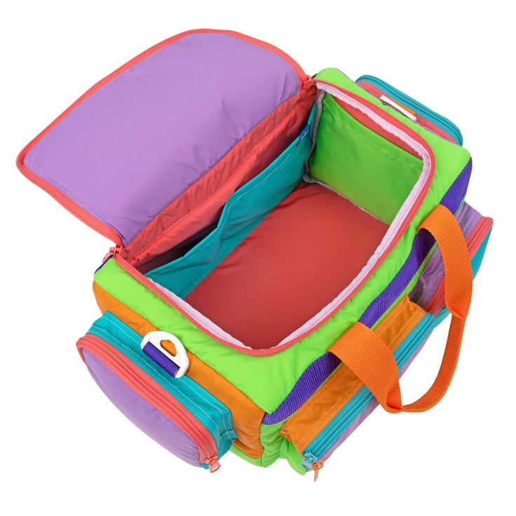 a multicolored backpack with multiple compartments