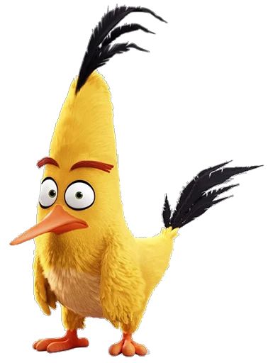 a cartoon chicken with big eyes and black feathers on it's head, standing in front of a white background