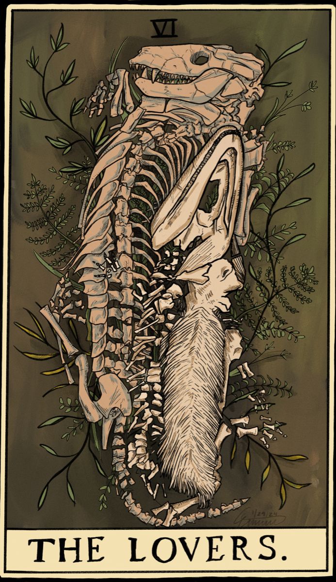 the lovers tarot card with an animal skeleton