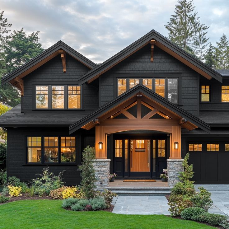 a large black house with lots of windows