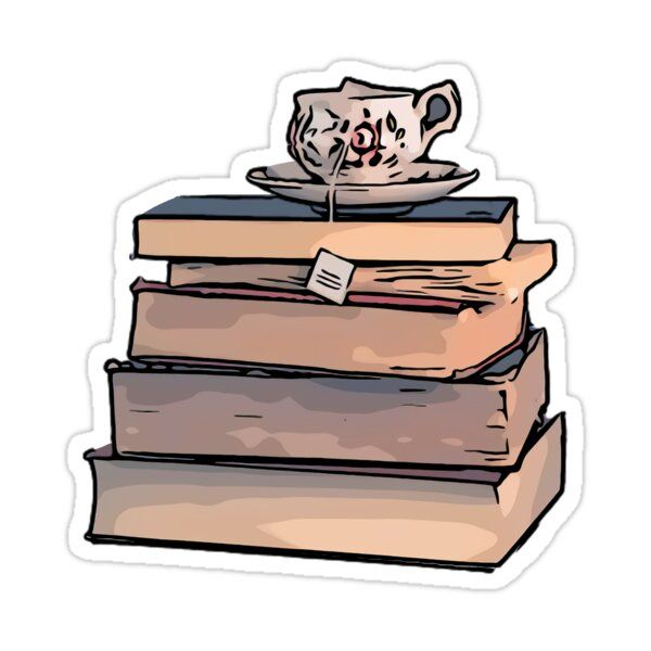 a stack of books with a tea cup on top sticker by corbi