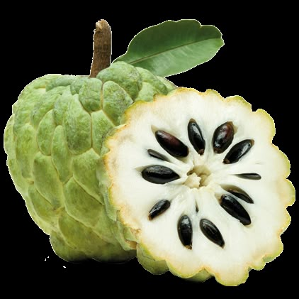 a green and white fruit with black seeds on it's side, cut in half