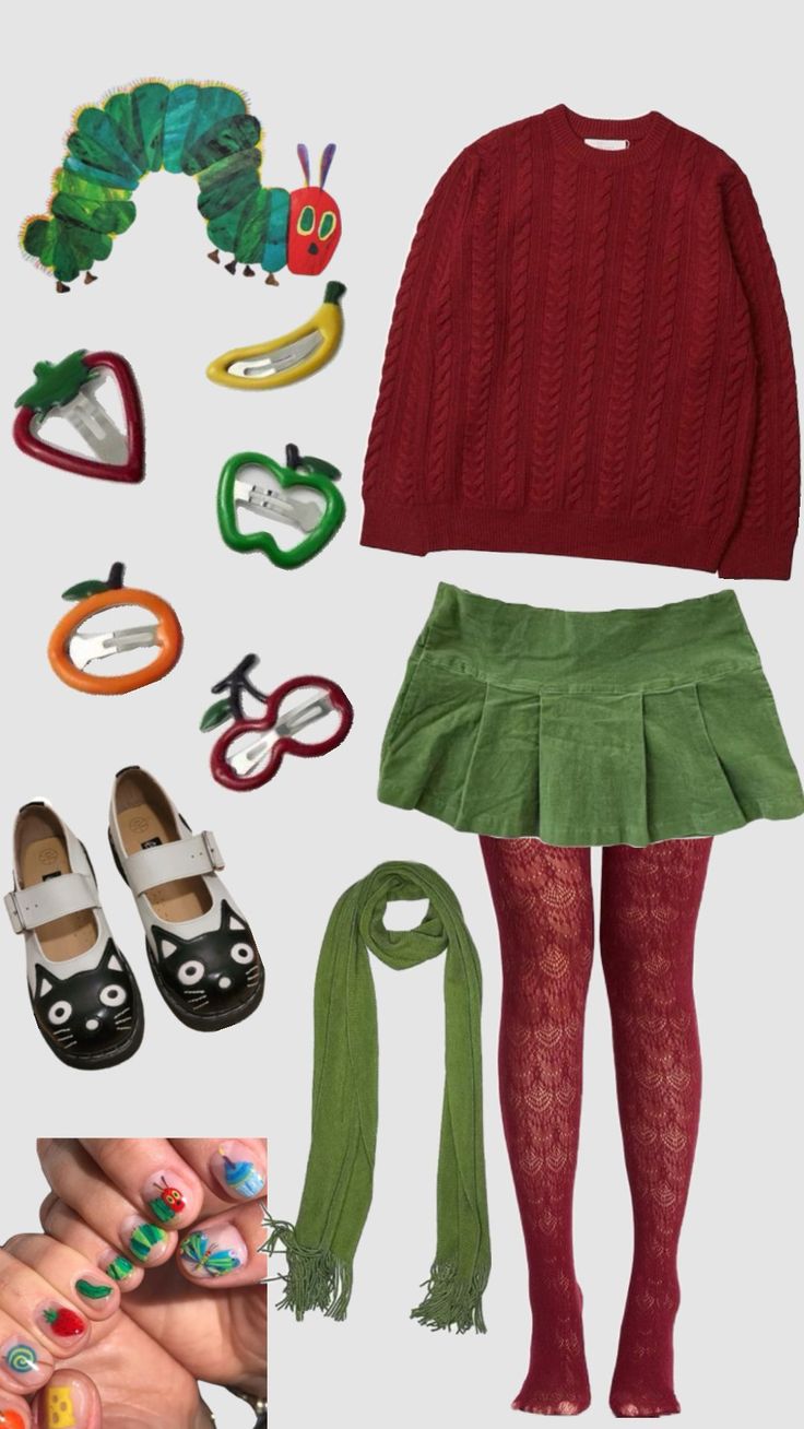 hungry caterpillar fall outfit Hungry Hungry Caterpillar Costume, Cute Bug Costumes, Hungry Caterpillar Outfit Aesthetic, Very Hungry Caterpillar Aesthetic, The Very Hungry Caterpillar Aesthetic, Storybook Costumes For Teachers, Mabel Pines Outfits Style, Whimsical Fashion Style, Mrs Frizzle Outfits