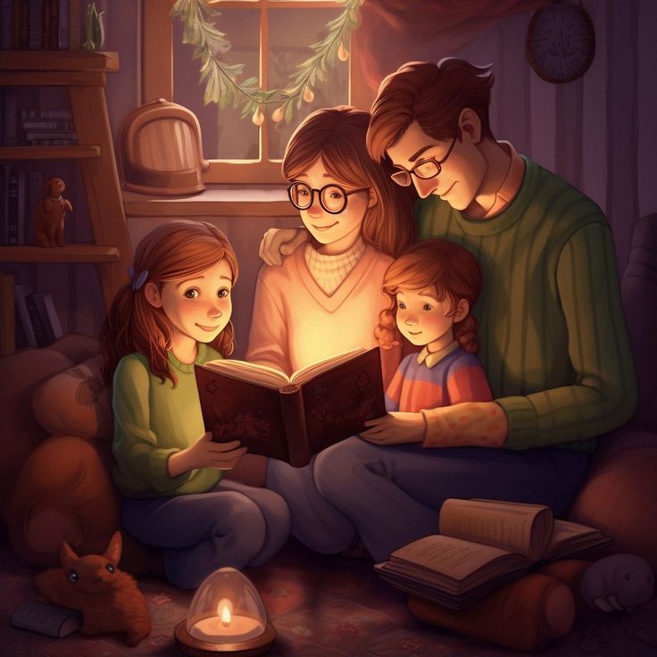 a family reading a book together in the living room at christmas time with a lit candle