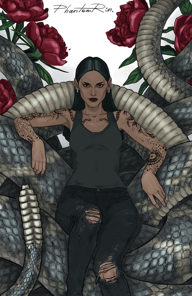 a woman sitting on top of a snake with roses around her neck and arms behind her